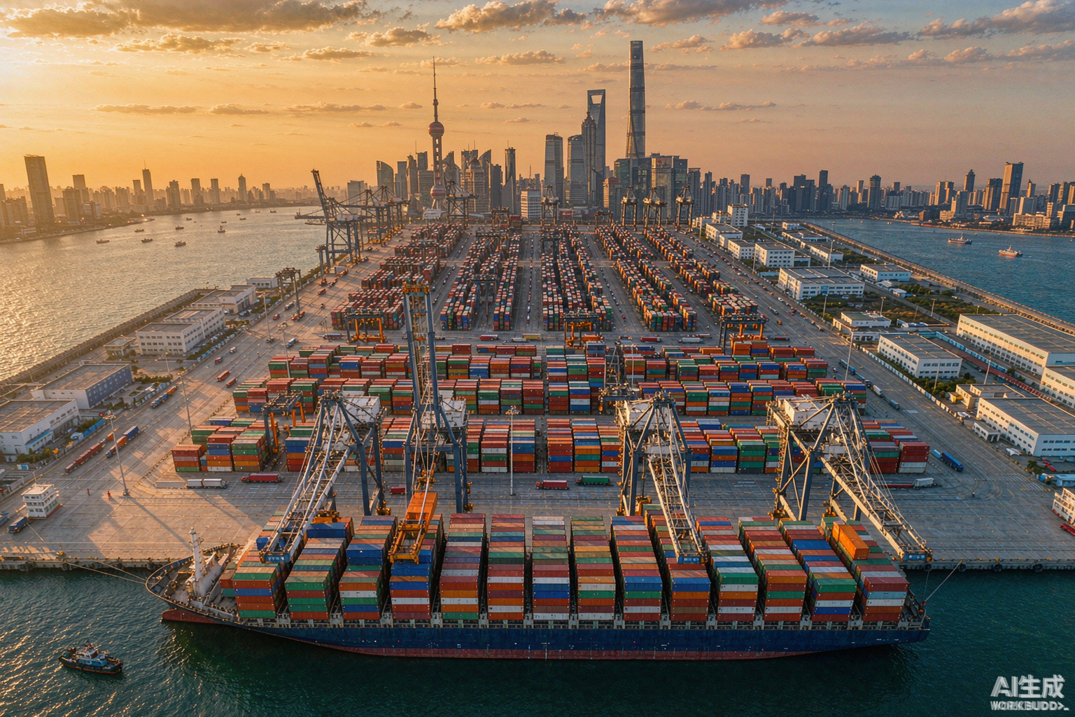 Container ships loading at Shanghai port for worldwide delivery